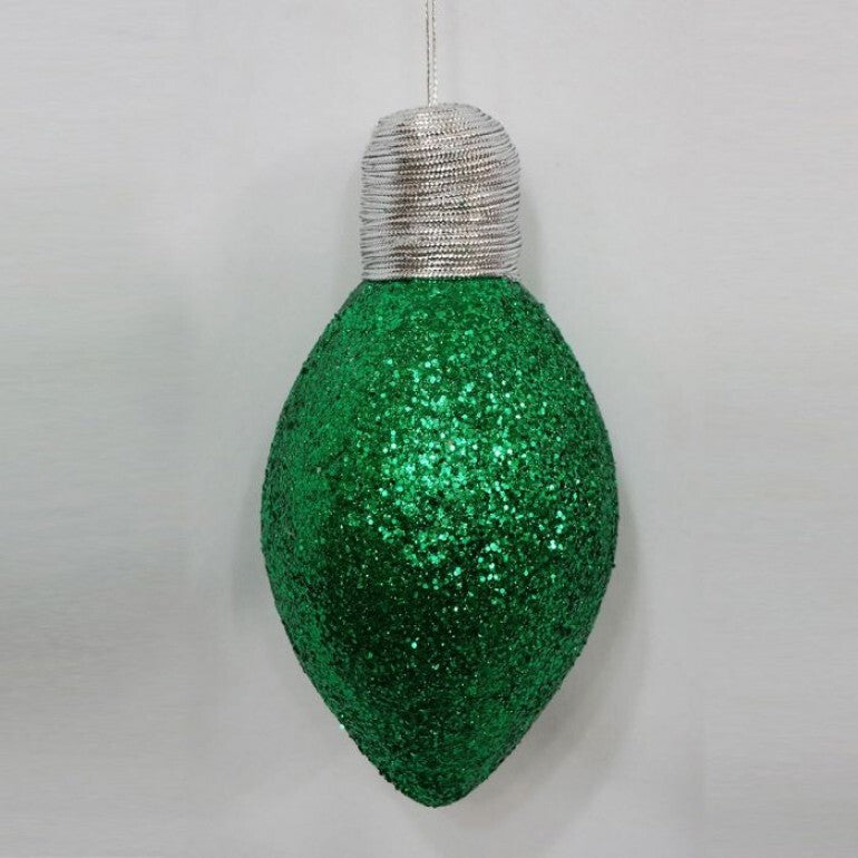 Seven-inch glitter lightbulb ornament with a clear glass bulb shape.