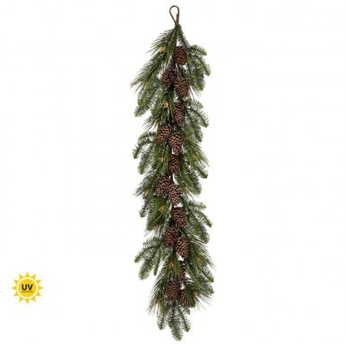 48-inch UV Northern Rockies pine and cone garland with realistic green foliage and brown pinecones.
