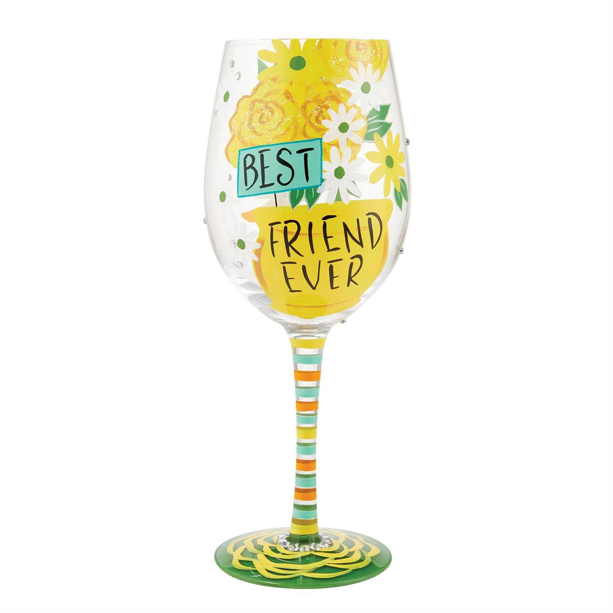 Blown glass wine glass with hand-painted designs, glitter accents, and a cocktail recipe printed on the base.