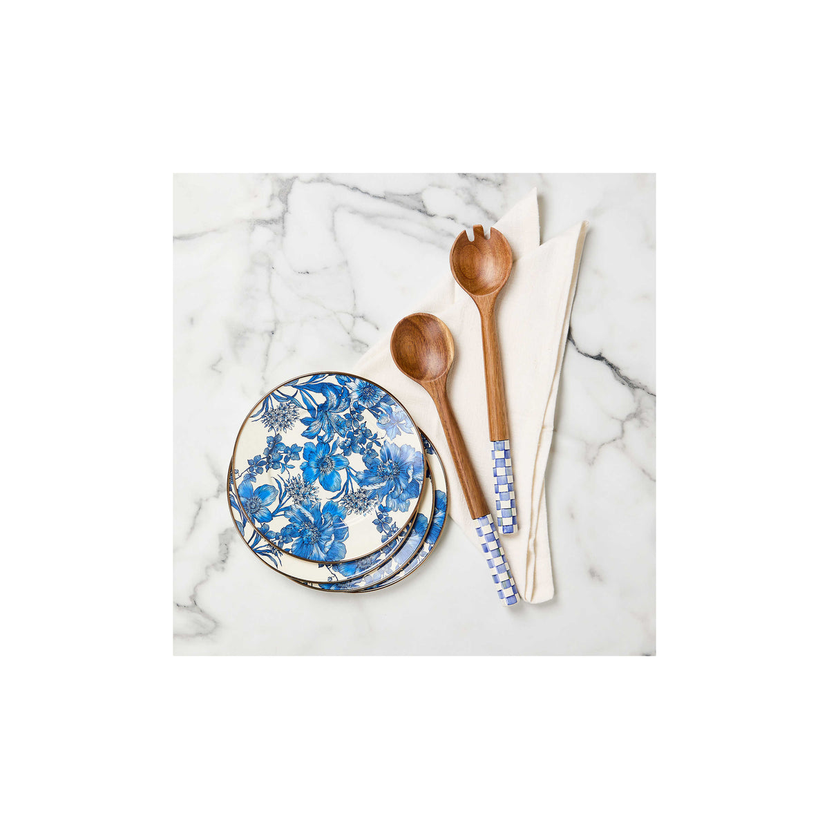 Royal Check Wood Salad Servers with acacia wood and hand-painted blue and white checkered handles.