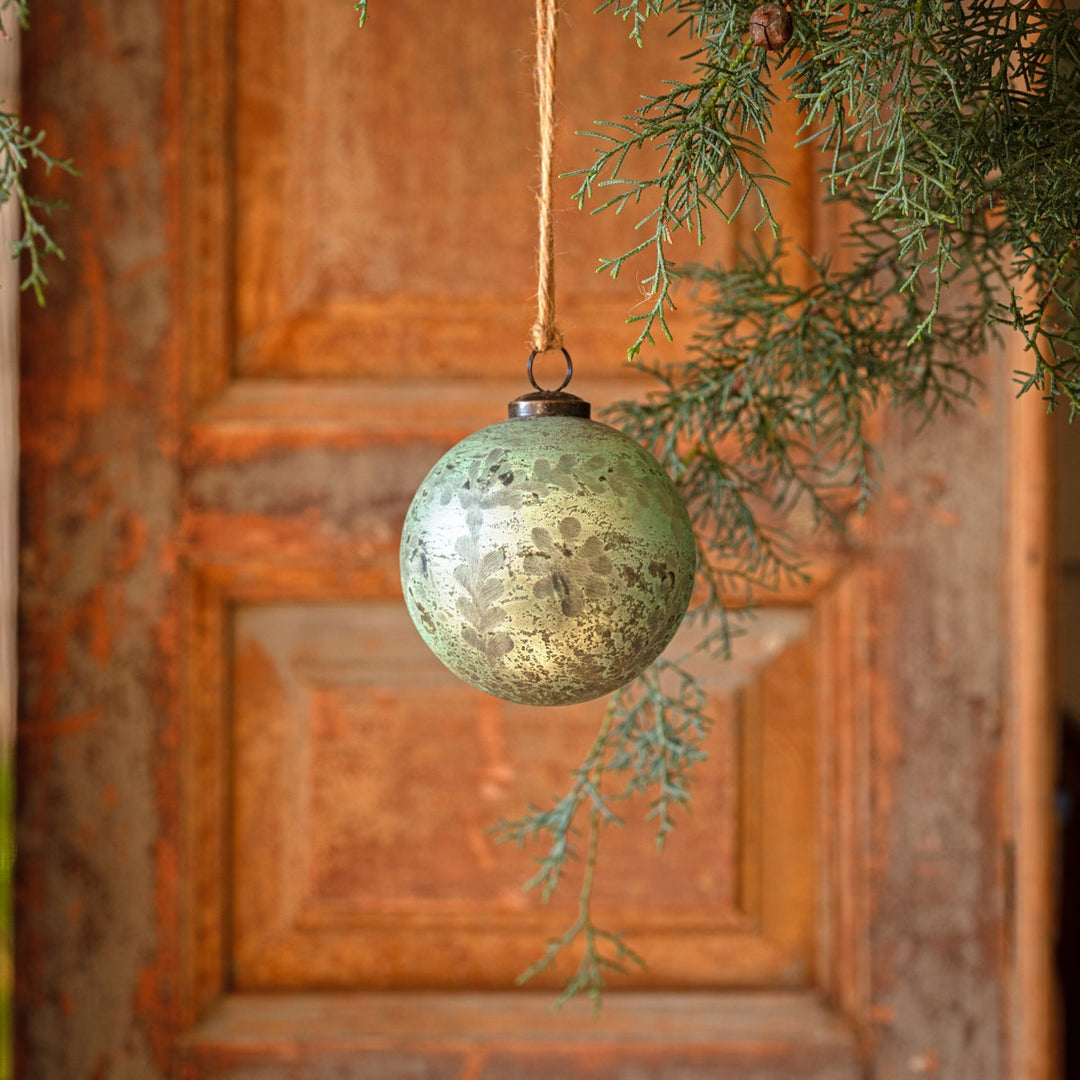 4" Spruce Antique Foil Glass Etched Ball Ornament