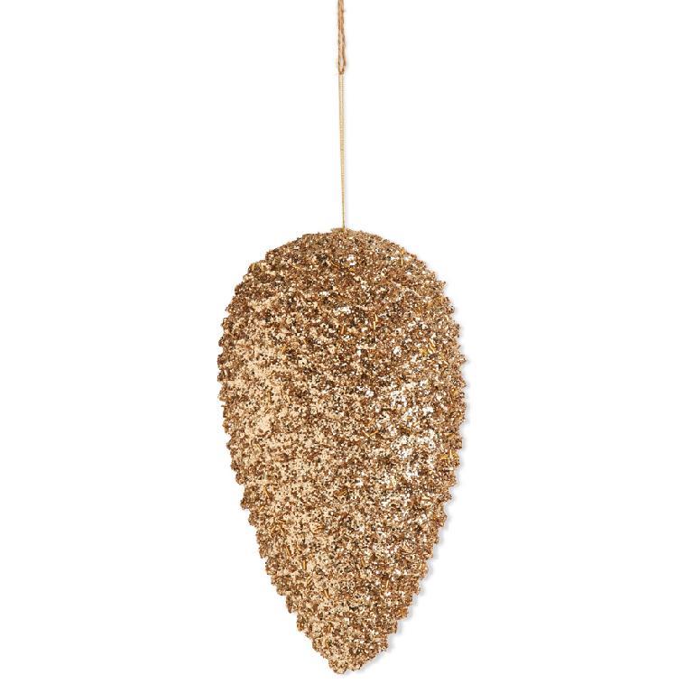 12 inch gold glitter pinecone ornament hanging from a thin gold string.