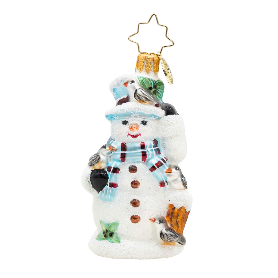 Snowy Perch Pals Gem glass snowman ornament with glitter finish and small birds perched on it.