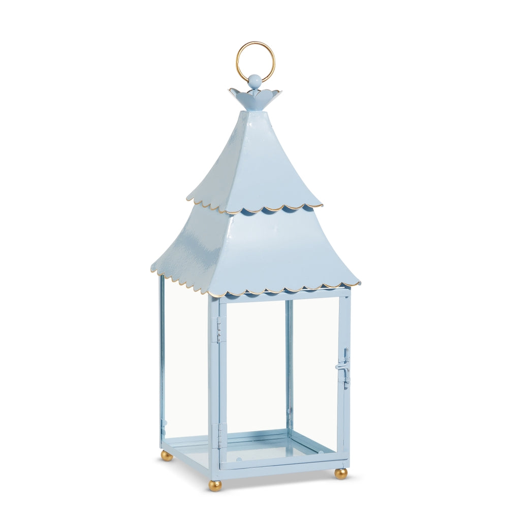 Light blue iron lantern with a vertical rectangular silhouette measuring 6.5 inches wide by 16.5 inches tall.
