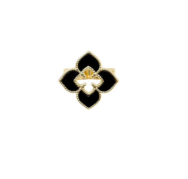Gold-toned fashion statement ring featuring a black four-petal flower design with a beaded border.