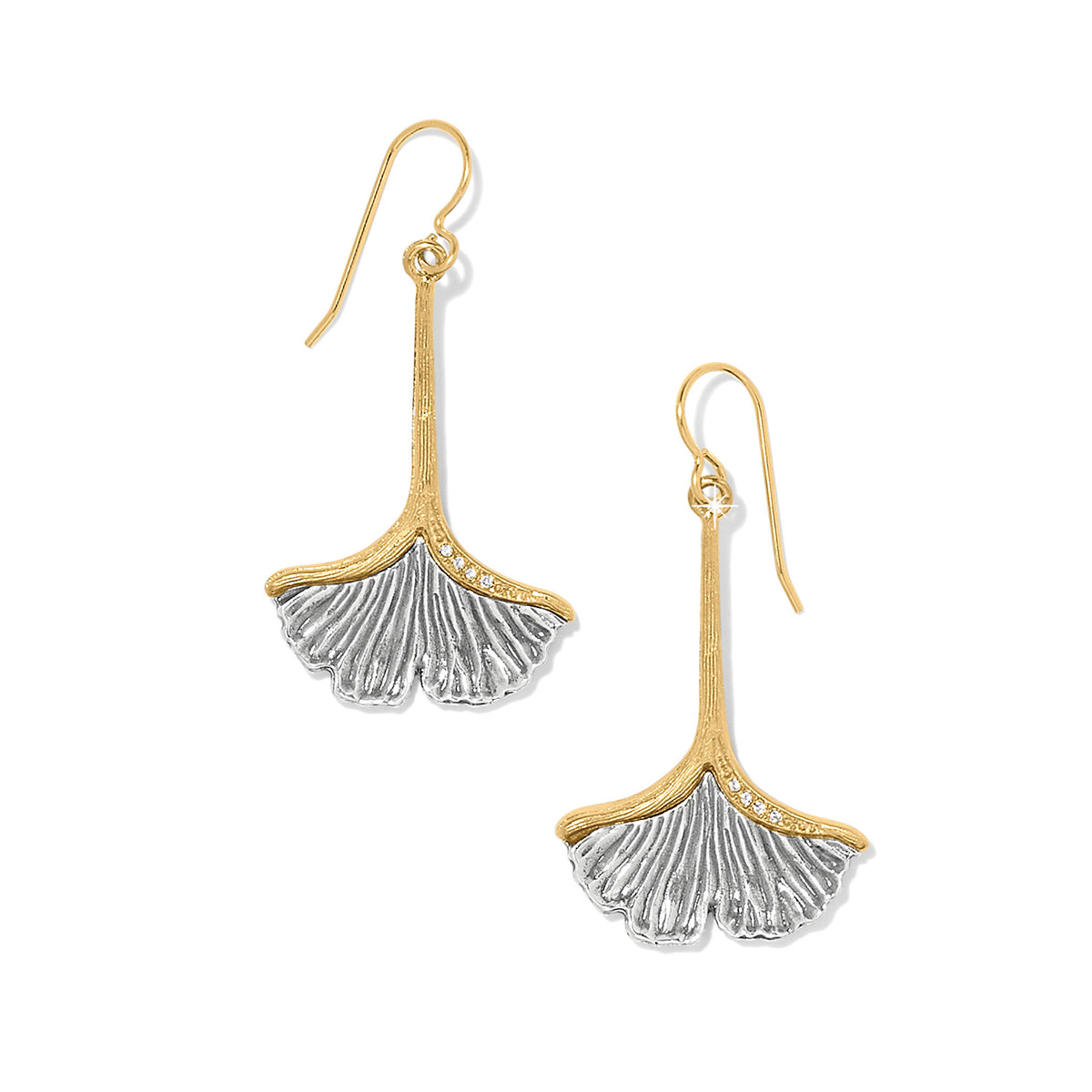 Silver-gold two-tone French wire lever back earrings with ginkgo leaf silhouette.