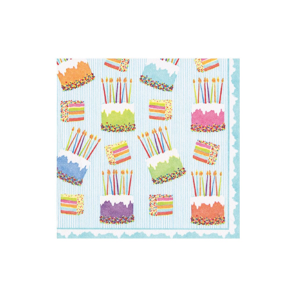 Cake Frosting-Paper Linen Cocktail Napkins with colorful birthday cake and candle patterns.