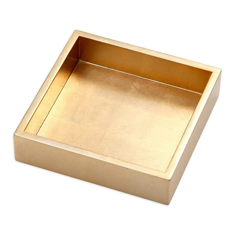 Square gold lacquer napkin holder with a smooth metallic finish.