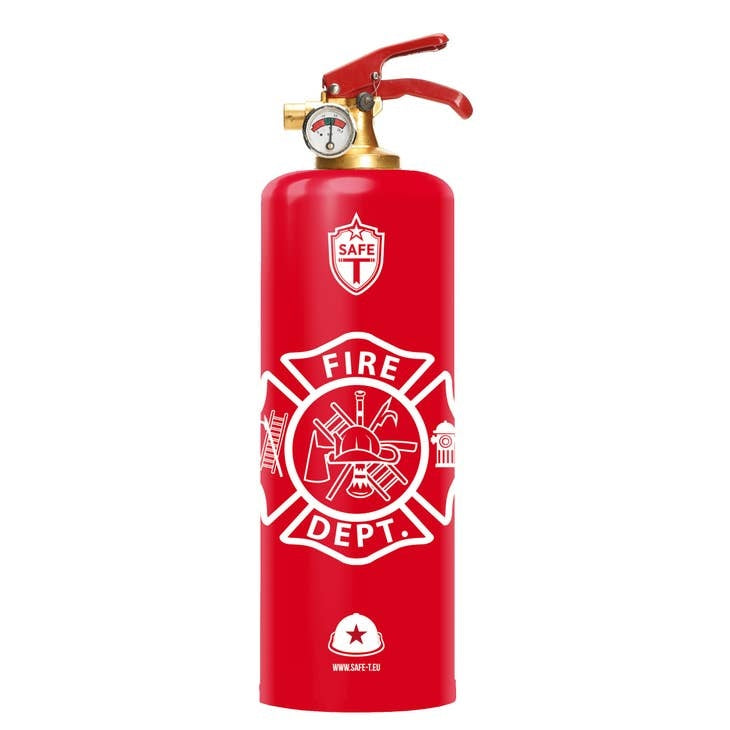 Steel fire extinguisher with brass accents in a cylindrical shape