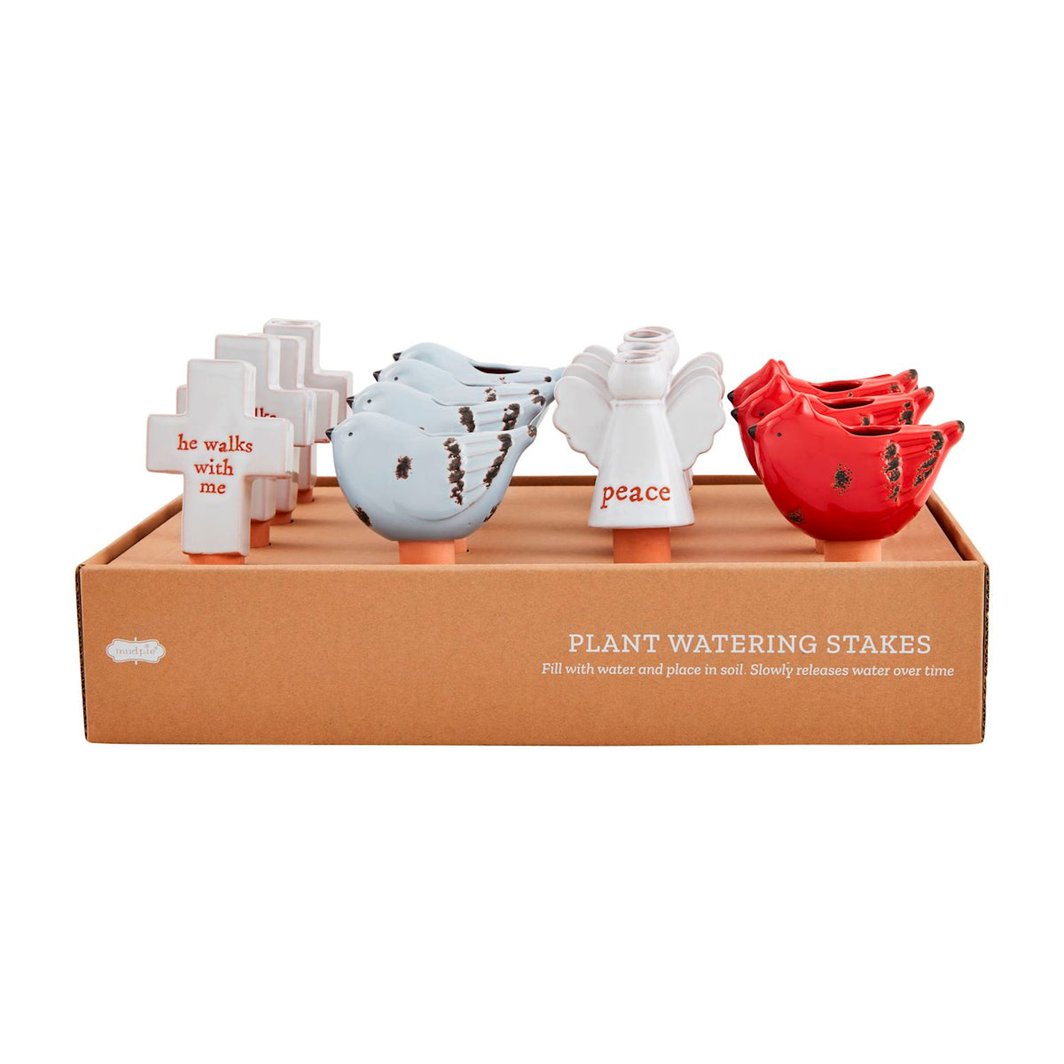 Terracotta slow-release watering stake with hand-painted figural topper.