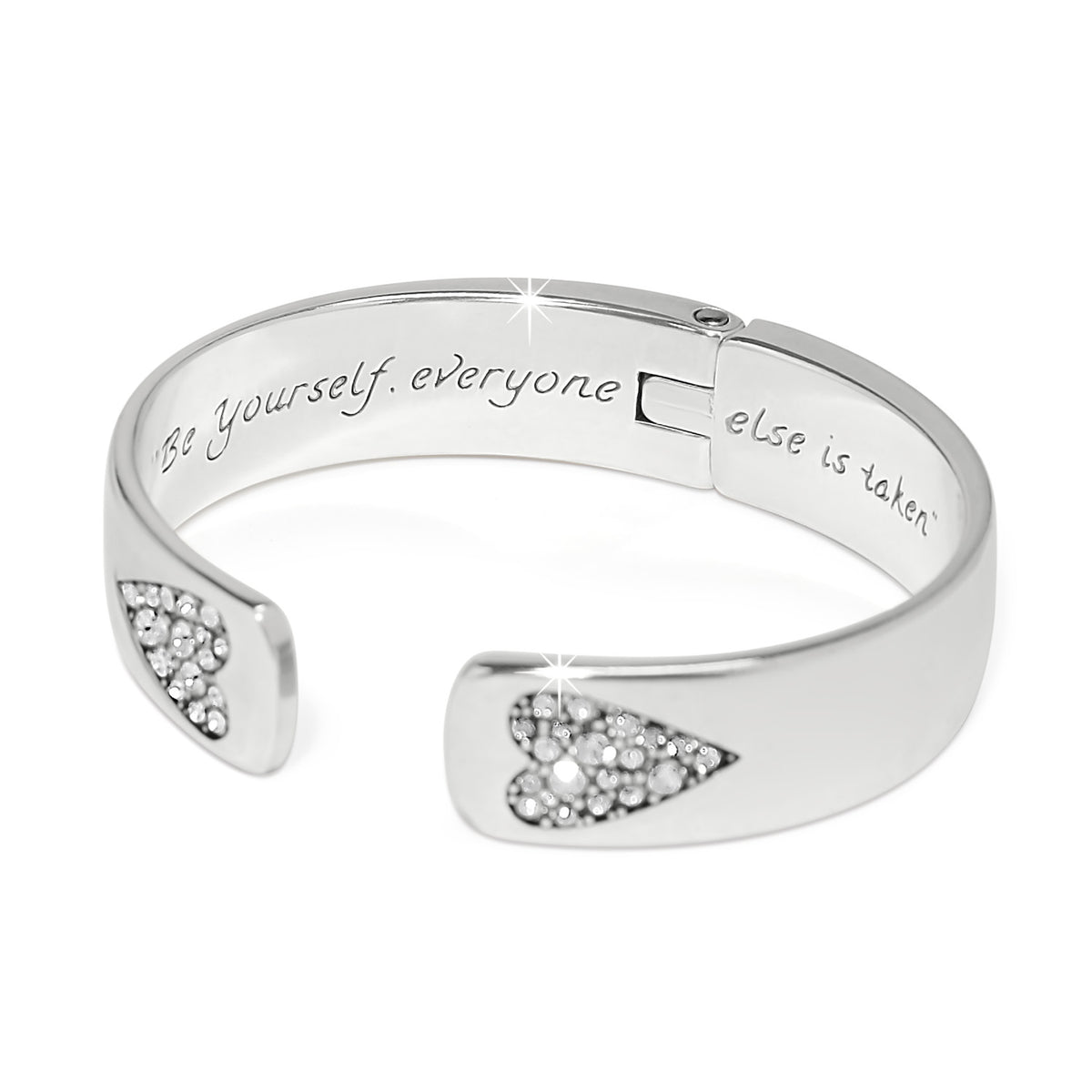 Silver-plated hinged bangle with crystal hearts and engraved "Be yourself, everyone else is taken".