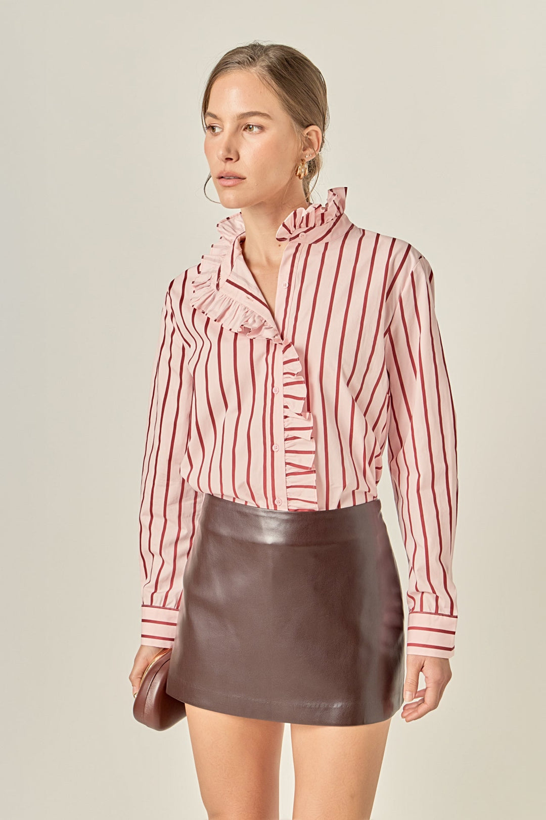 Leah ruffled stripe button-up shirt in white cotton with long sleeves.