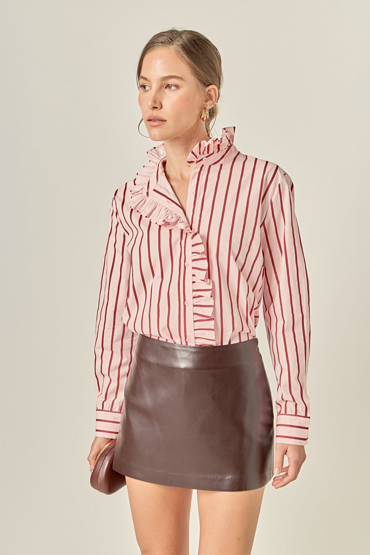 Leah ruffled stripe button-up shirt in white cotton with long sleeves.