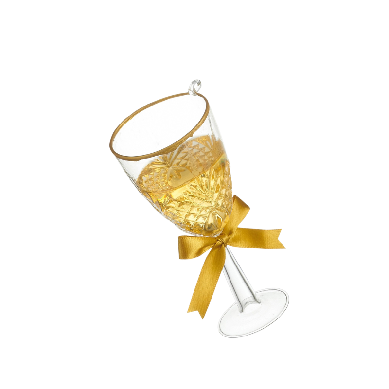 5.5-inch glass champagne flute ornament with gold rim, cut-glass design, and a gold satin bow.