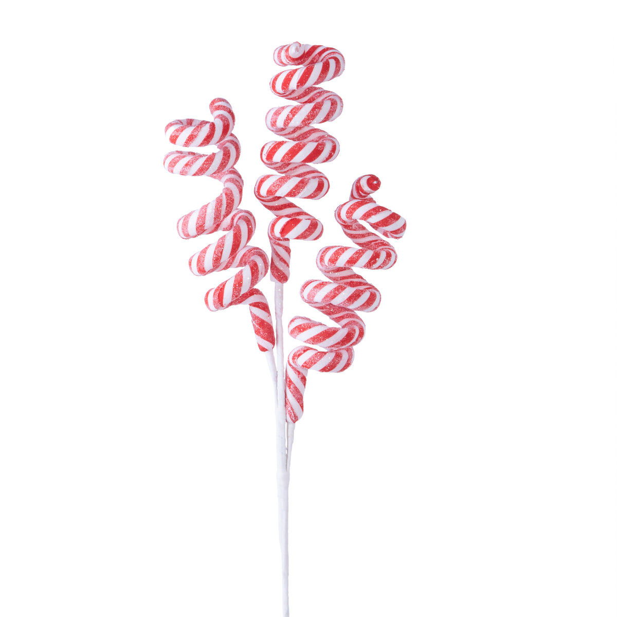 A 25-inch artificial spray garland featuring red and white swirl candy cane patterns on a green stem.