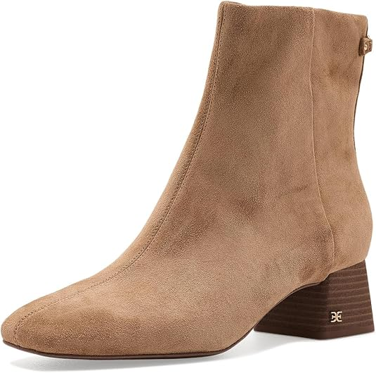 Tan suede high ankle bootie with a square toe and a brown stacked block heel.