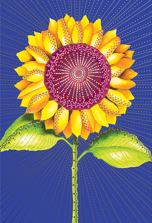 A vibrant sunflower greeting card with a decorative purple center and yellow petals on a blue background.