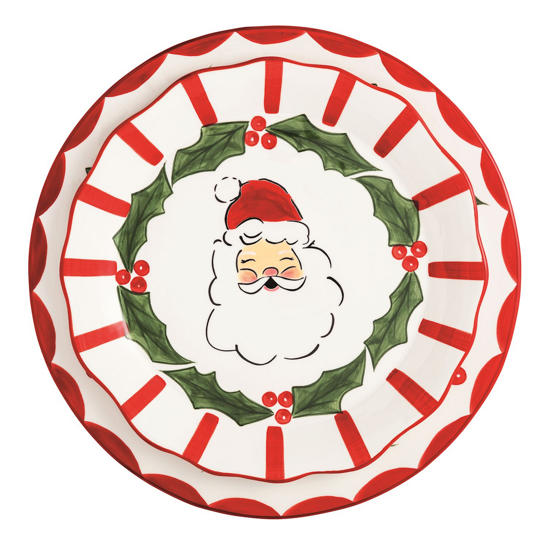 Holly Santa Platter Set featuring two nested ceramic plates with red stripes and Santa Claus motif.
