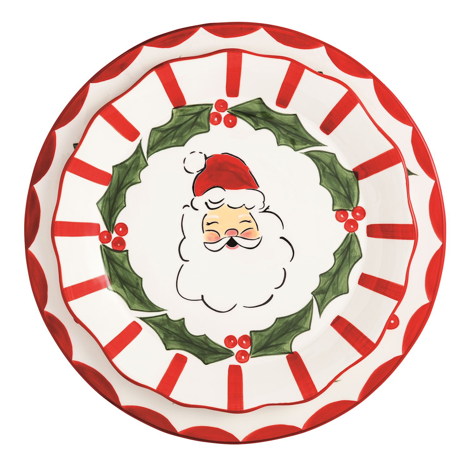 Holly Santa Platter Set featuring two nested ceramic plates with red stripes and Santa Claus motif.