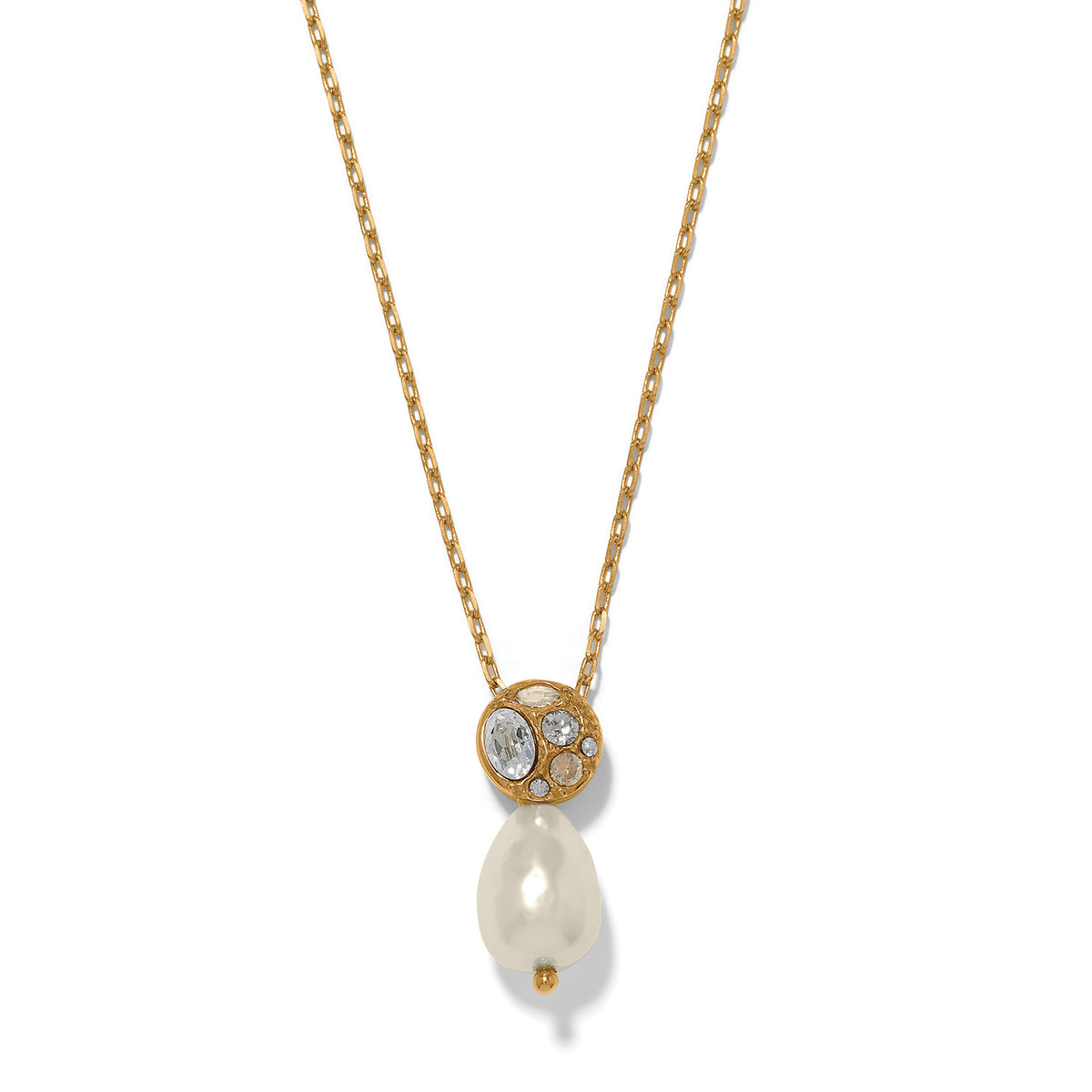 Gold plated necklace with a crystal-studded circular charm and a white teardrop glass pearl.