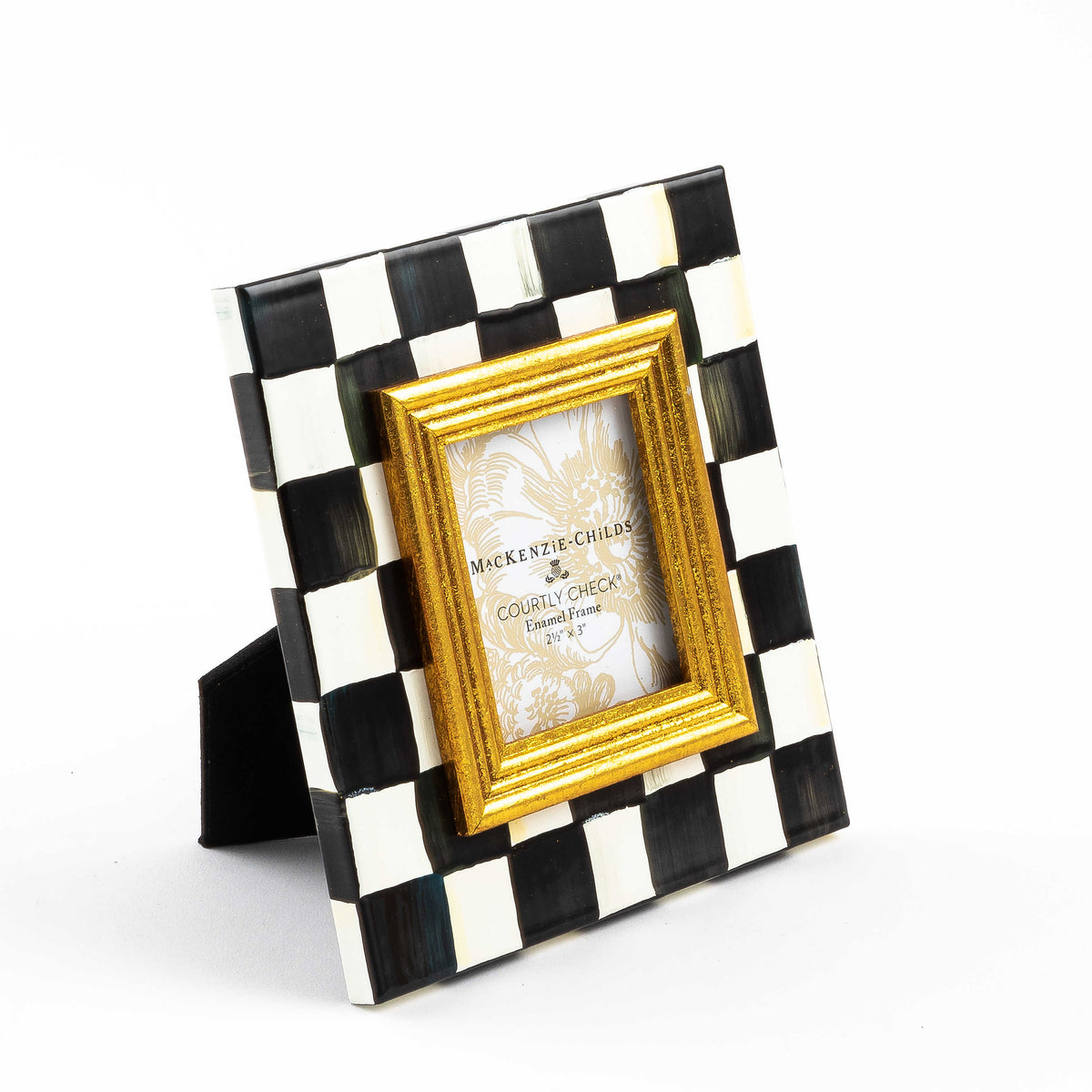 Hand-painted Courtly Check enamel frame in black steel with glass pane holding a photo.