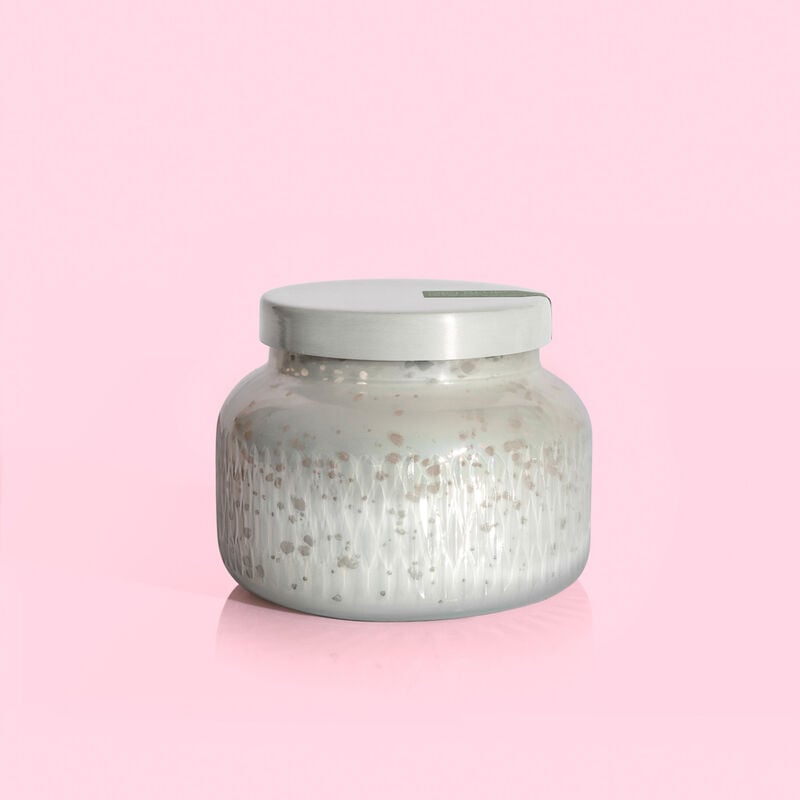 White Mercury etched crystal pine signature jar candle with a cylindrical silhouette.