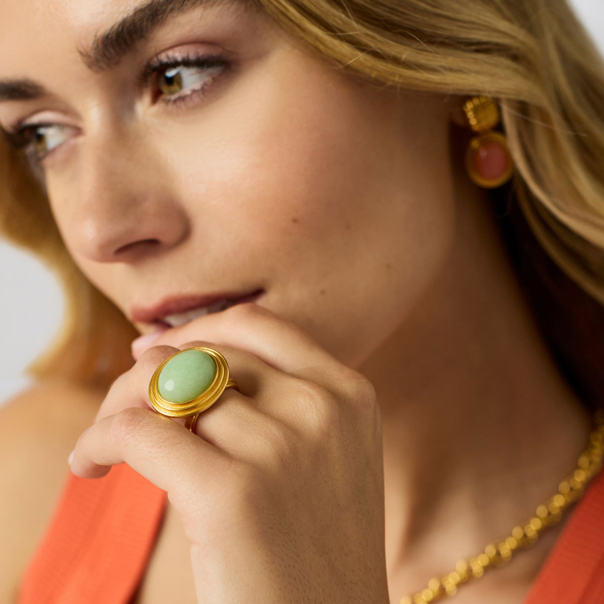 Adjustable Portofino statement ring featuring a jade stone set in gold-plated metal.