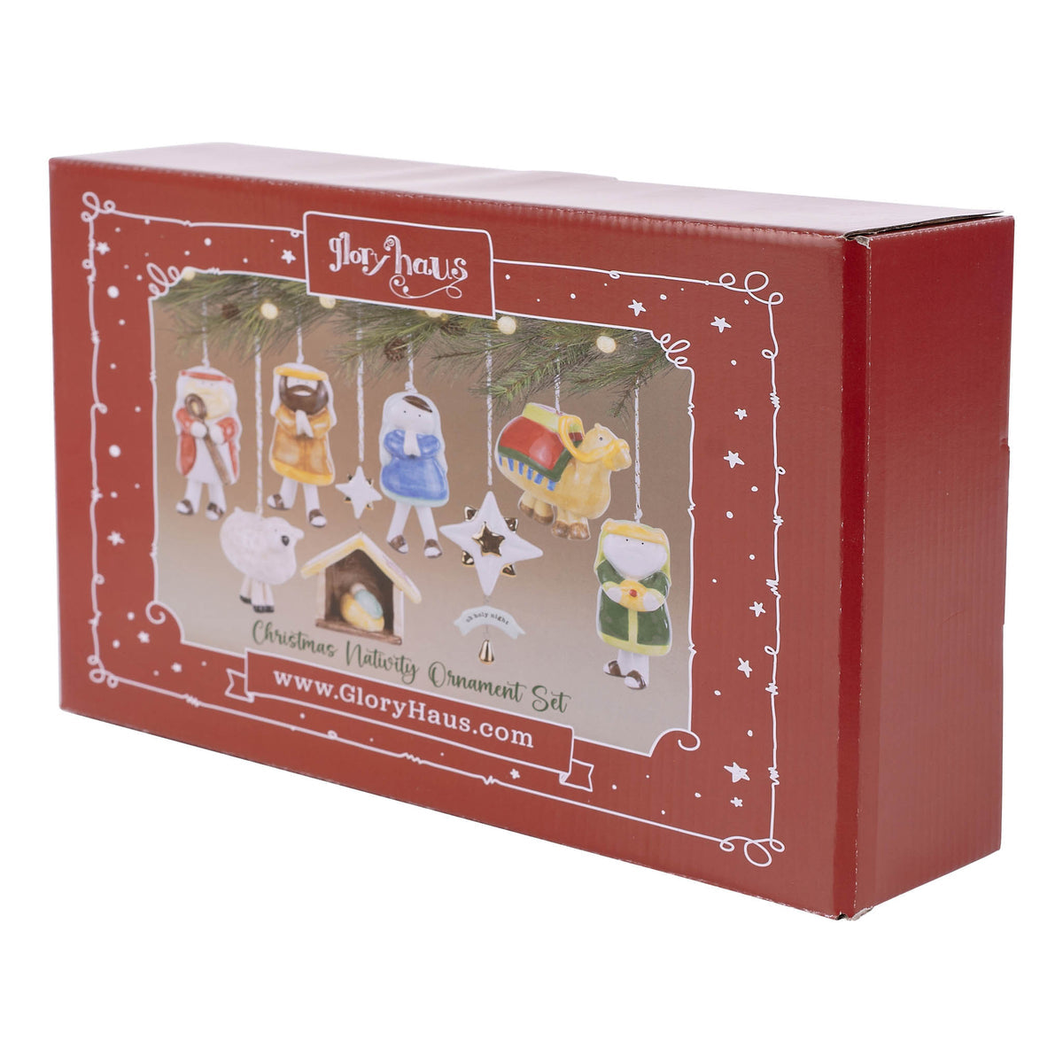 Set of hand-painted ceramic nativity ornaments featuring the Holy Family, a star, and key figures in traditional colors.