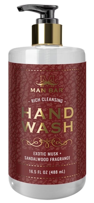 Man Bar Hand Wash bottle with Exotic Musk & Sandalwood scent in a clear glass container.