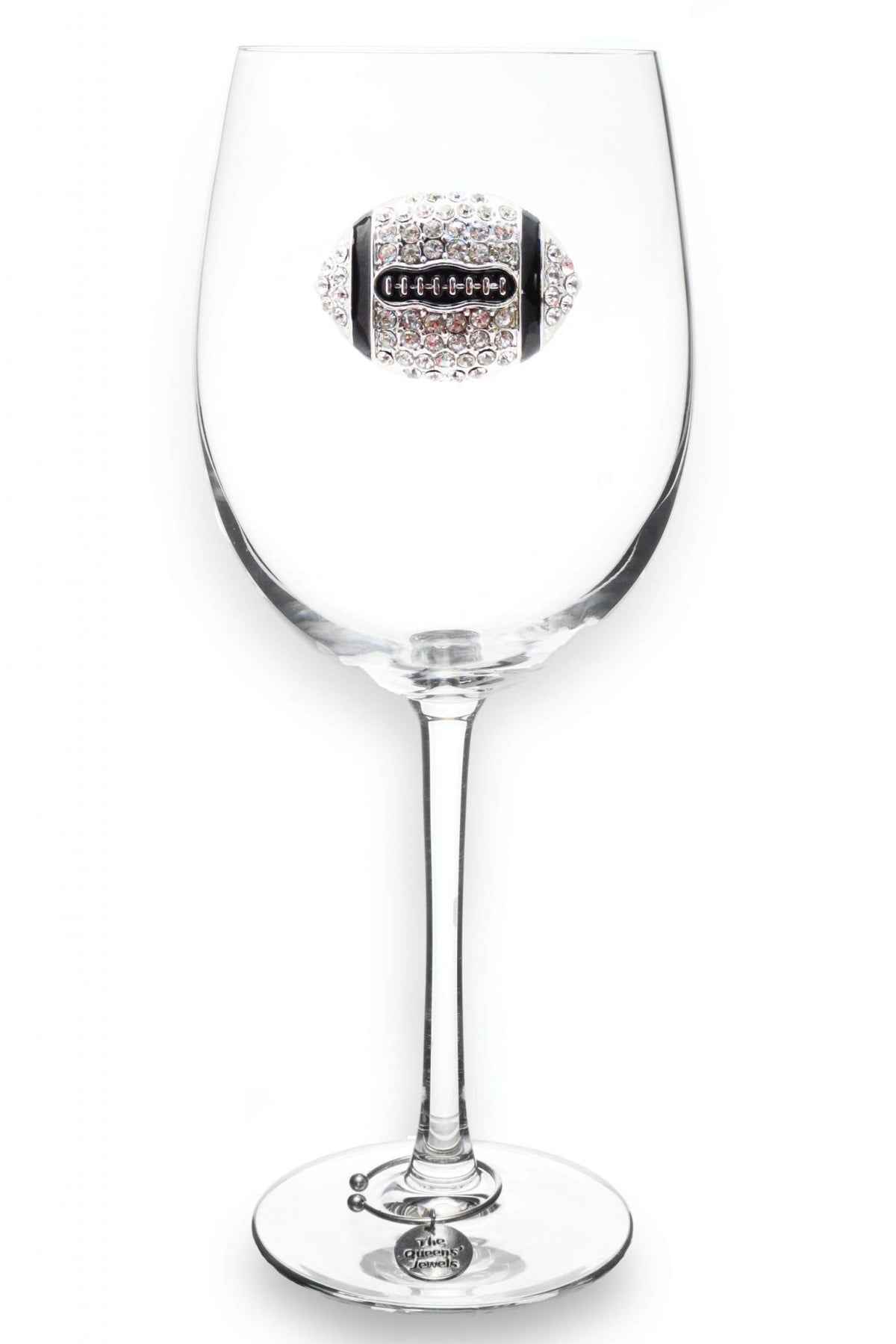Handcrafted stemmed wine glass with jeweled embellishments on the bowl in clear glass.