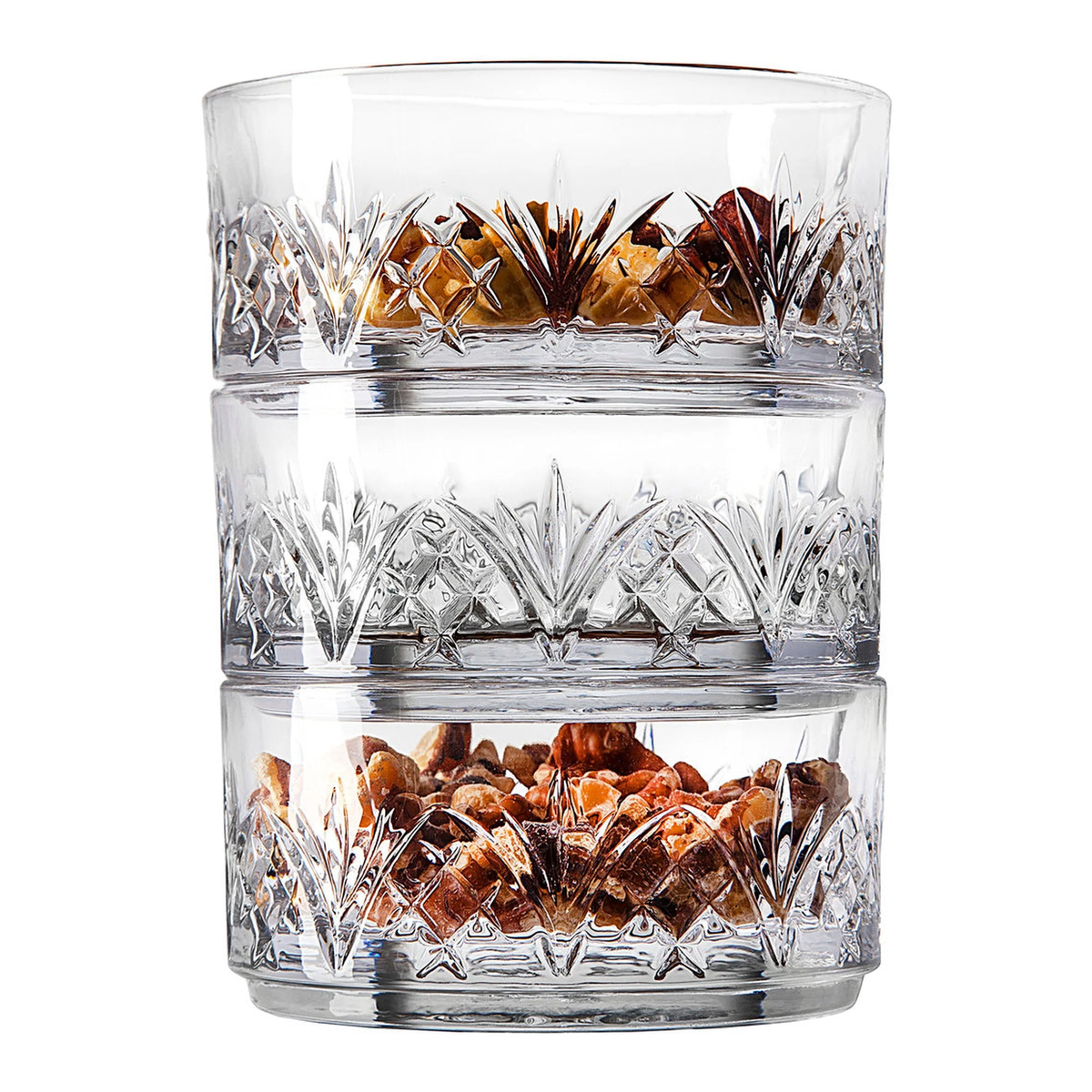 Set of three clear unleaded crystal stacking nut bowls with a simple circular silhouette.