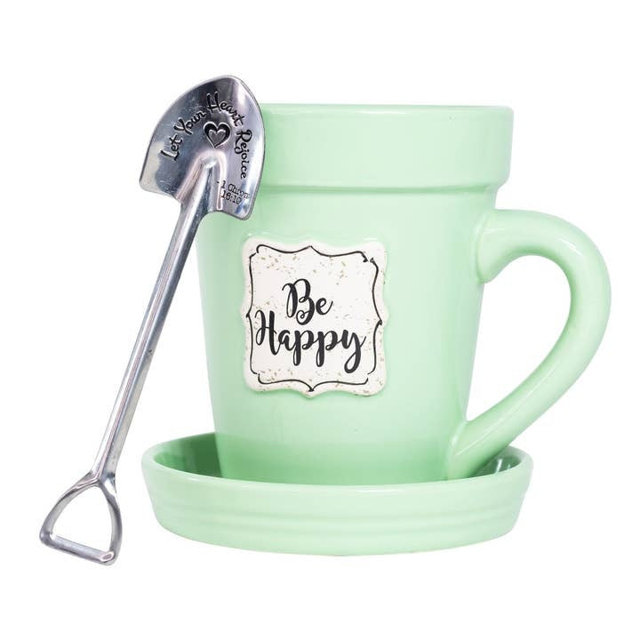 White ceramic flower pot mug with saucer lid and stainless steel garden spade spoon featuring scripture verse.