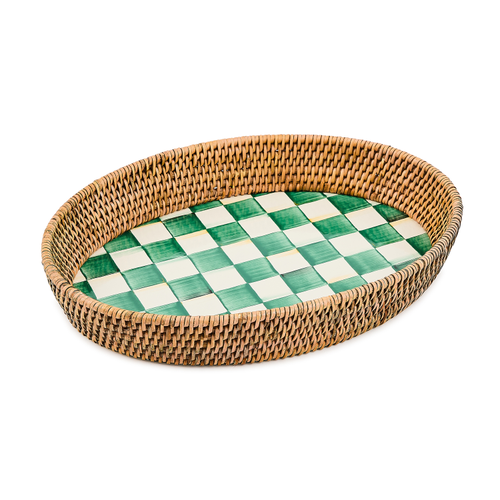 Large rectangular tray with hand-painted emerald check pattern on steel base and woven rattan rim