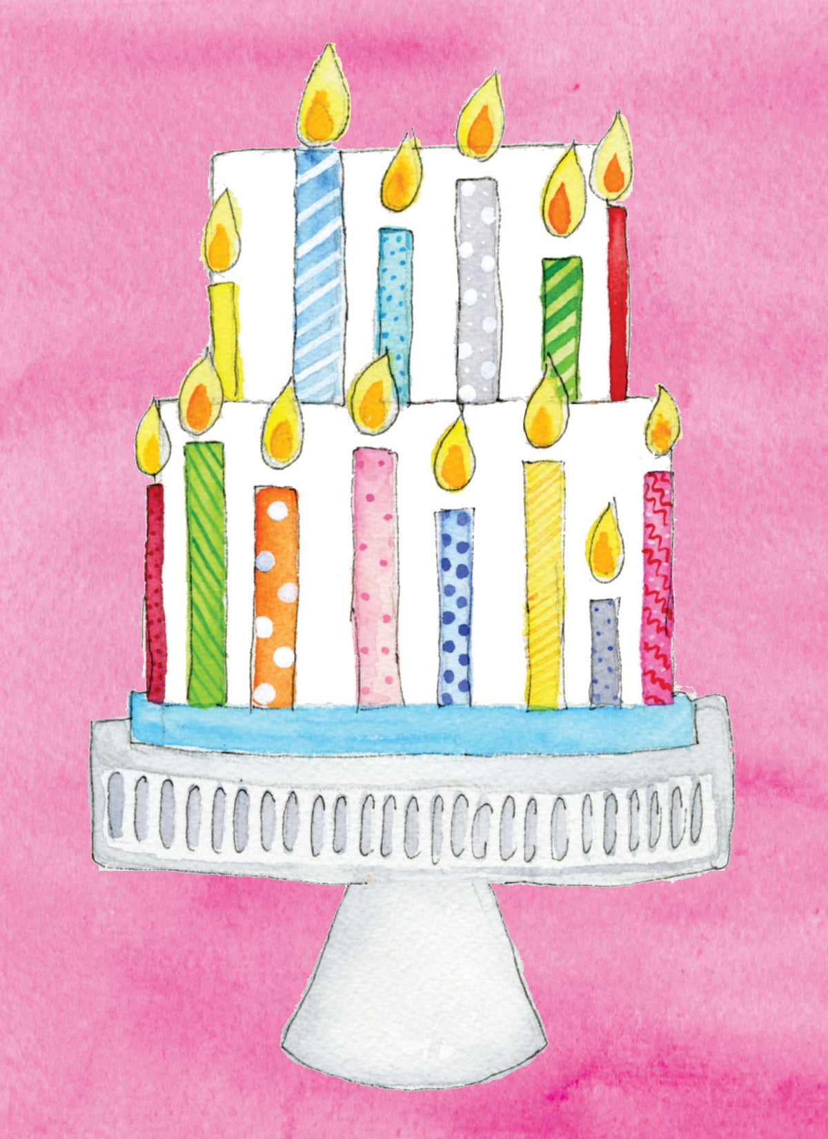 Watercolor illustration of a two-tiered birthday cake with colorful candles on a white cake stand against a pink background.
