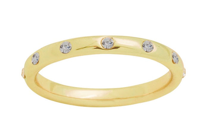 Gold layered ring with continuous row of clear cubic zirconia stones