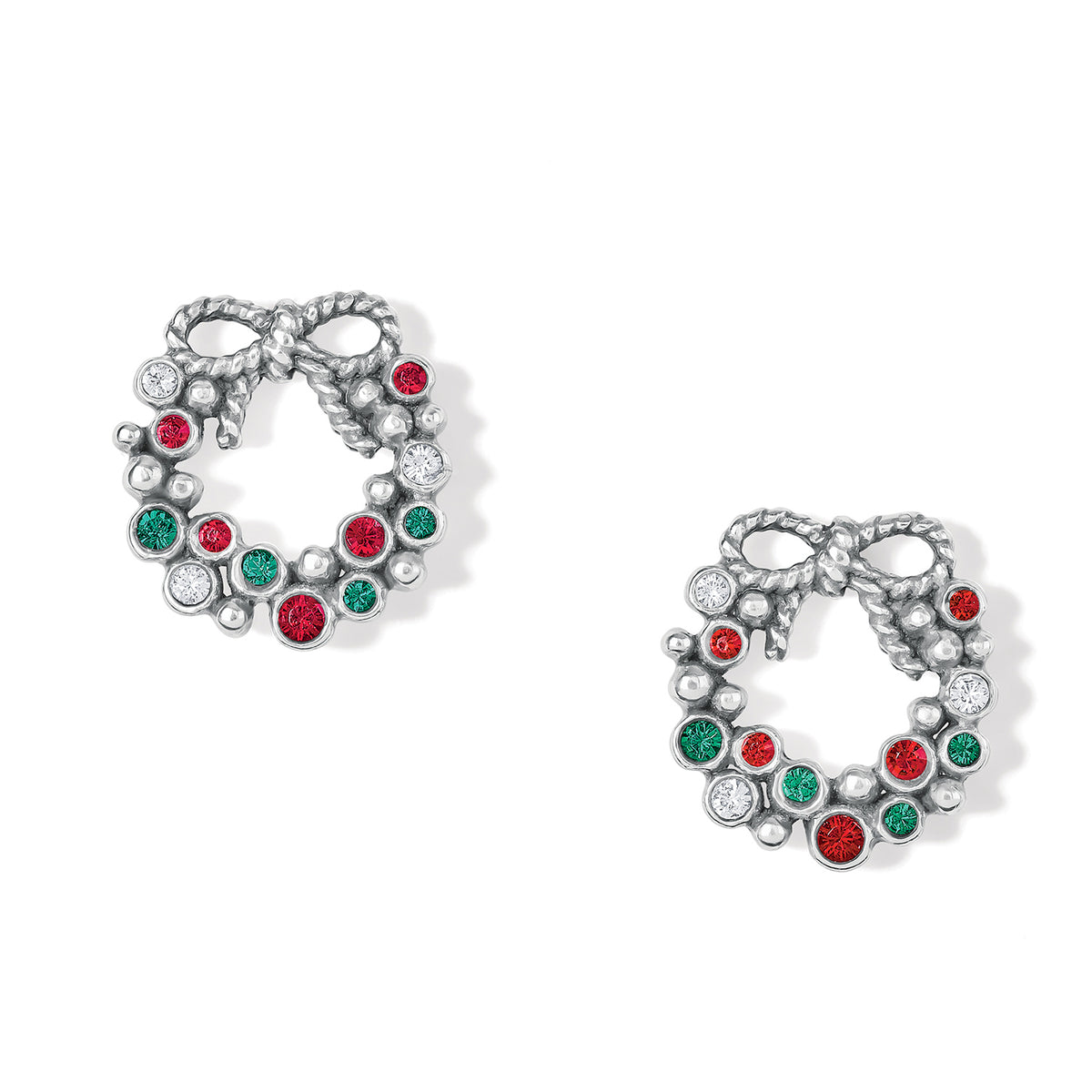 Silver-plated mini post earrings featuring a multi-colored crystal wreath with fine quality crystals.