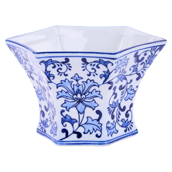 Blue and white porcelain jardiniere with a rounded bowl shape.