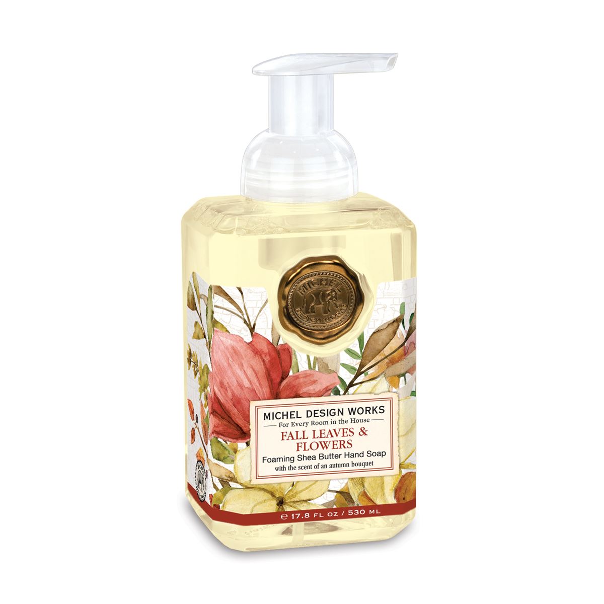 Foaming hand soap dispenser in a clear bottle with white liquid inside.