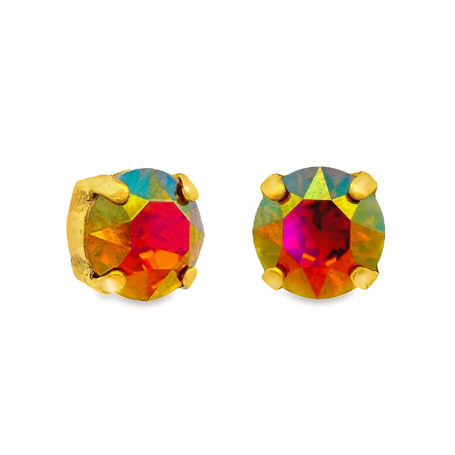 Antique gold plated brass stud earring with an 8mm crystal in a bohemian style.