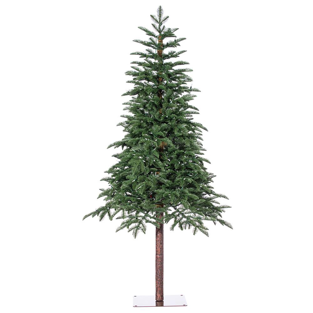 6-foot green pencil pine tree with 300 warm white LED lights on a brown trunk and metal square stand