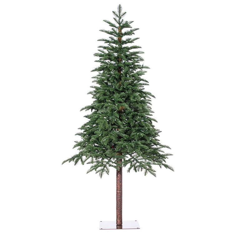 6-foot green pencil pine tree with 300 warm white LED lights on a brown trunk and metal square stand