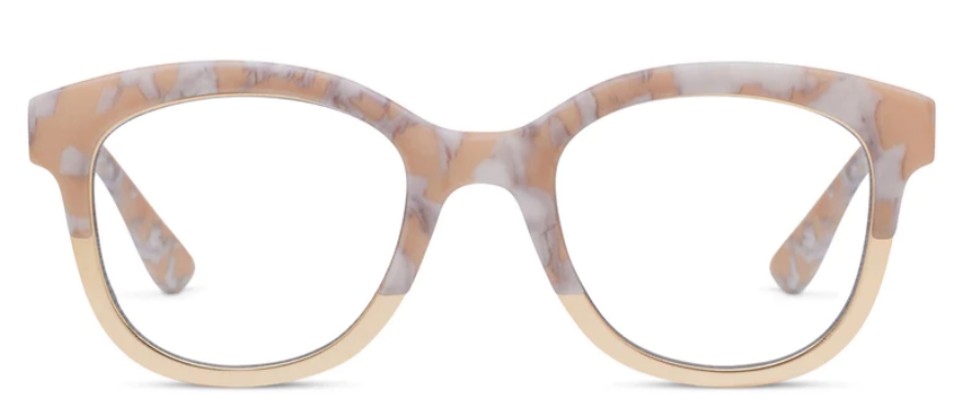 Georgia eyeglasses with square frames in earthy tortoise shell pattern featuring metallic detailing and peepers blue light lenses.