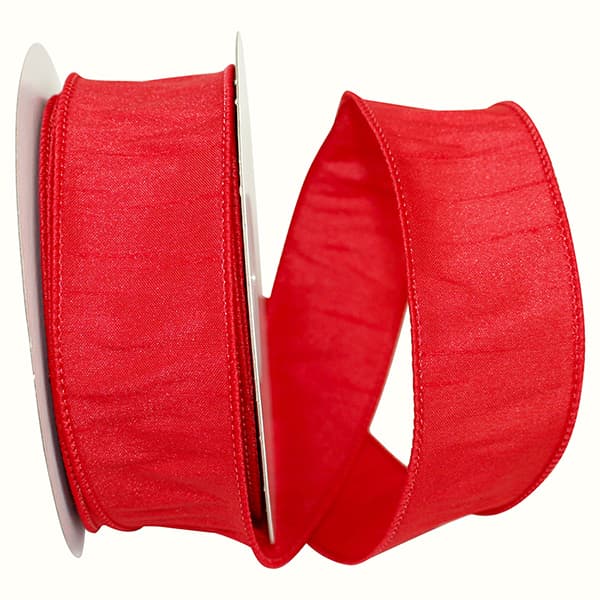 1.5-inch wide red Dupioni ribbon with a wired edge on a spool.