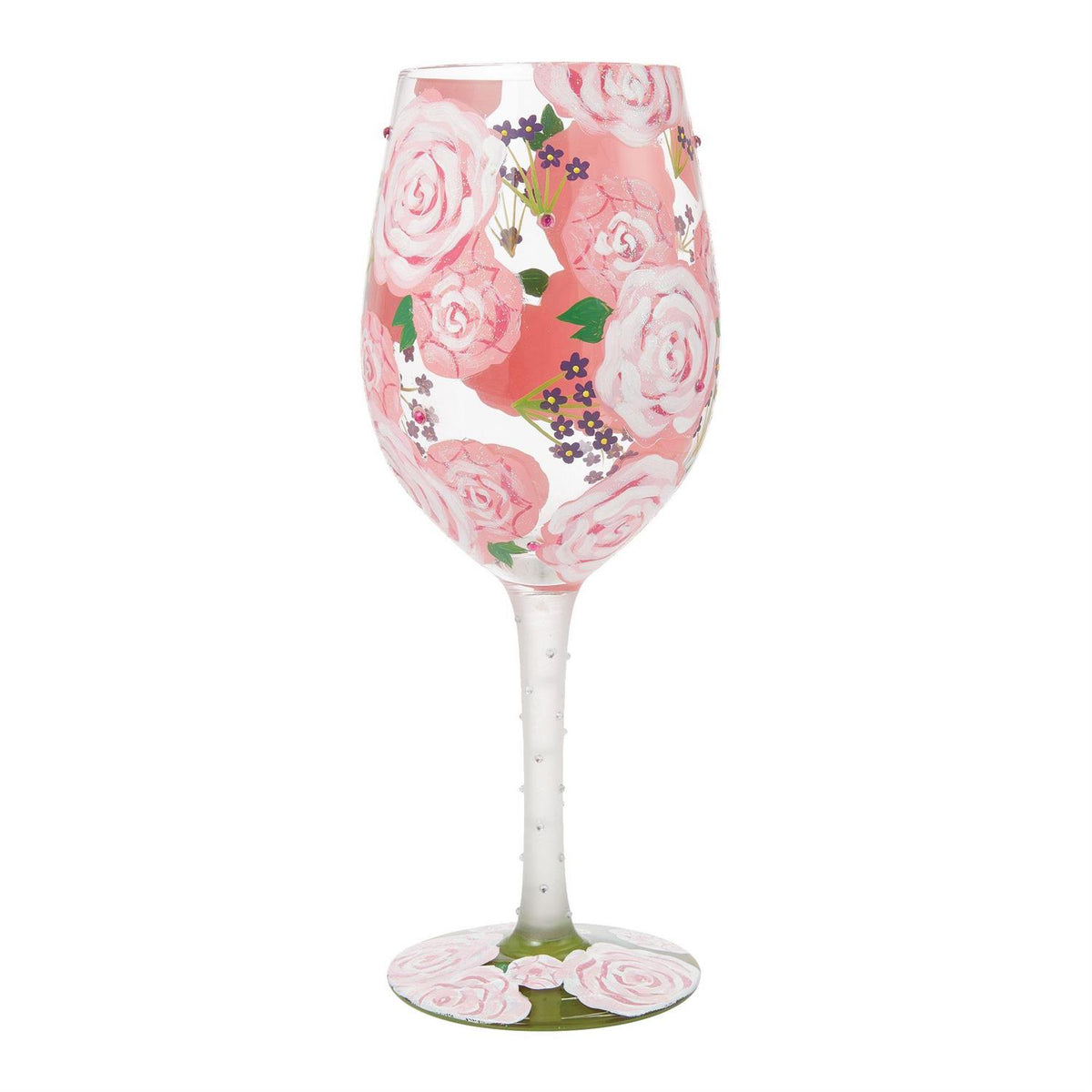 Blown glass wine glass with hand-painted designs, glitter accents, and a cocktail recipe printed on the base.