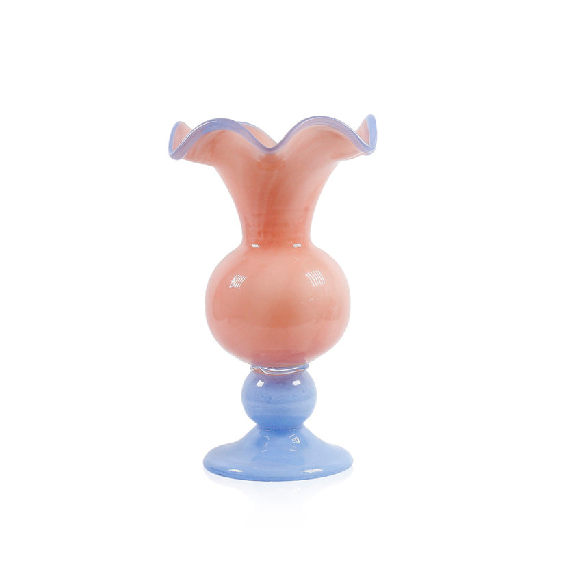 Ten-inch clear glass Easter vase with a six-inch diameter.