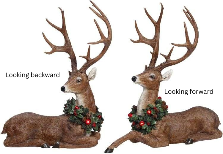 Two 21-inch seated reindeer figurines with antlers and holiday wreaths, looking forward and back.