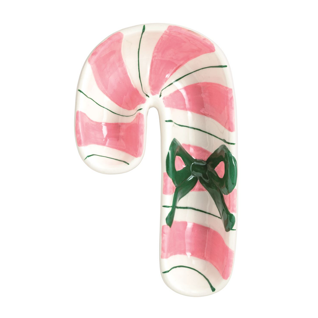 Hand-painted ceramic candy cane tidbit dish with pink stripes and a raised green bow.