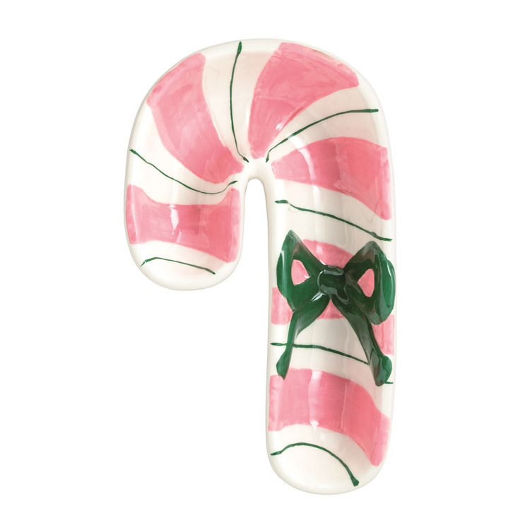Hand-painted ceramic candy cane tidbit dish with pink stripes and a raised green bow.