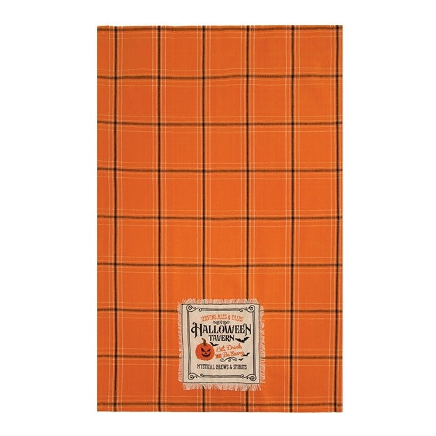 Cotton kitchen towel with orange plaid pattern featuring black accents and vintage applique embroidery.