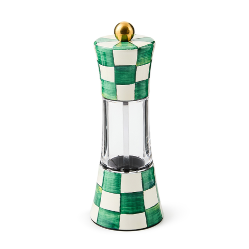 Hand-glazed steel Emerald Check grinder with acrylic body and ceramic grinding chamber.